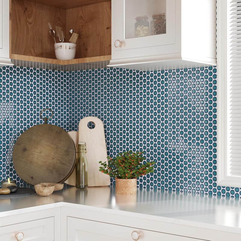 CRE8TIVE 4 Sheets Teal Blue Peel and Stick Backsplash Penny Round Tile Stick on Backsplash for Kitchen 12"x12" Mosaic Tile Stickers Waterproof Self Adhesive Back Splash for Bathroom Shower Wall Tiles - Image 5