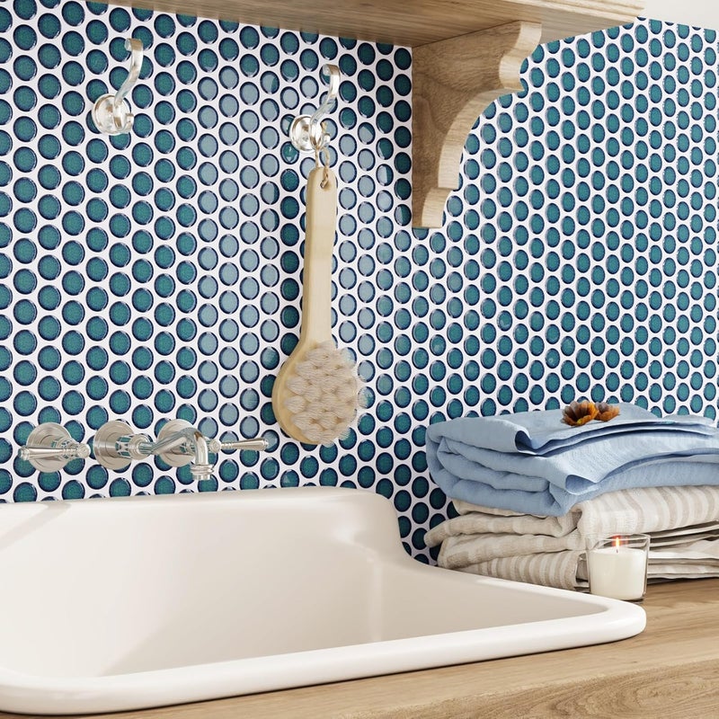 CRE8TIVE 4 Sheets Teal Blue Peel and Stick Backsplash Penny Round Tile Stick on Backsplash for Kitchen 12"x12" Mosaic Tile Stickers Waterproof Self Adhesive Back Splash for Bathroom Shower Wall Tiles - Image 3
