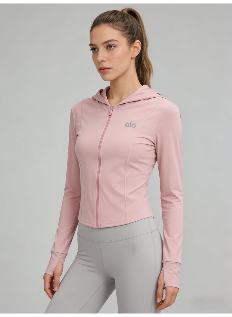Alo Yoga Women’s Blush Pink Full-Zip Hooded Long-Sleeve Cropped Active Jacket - Image 1