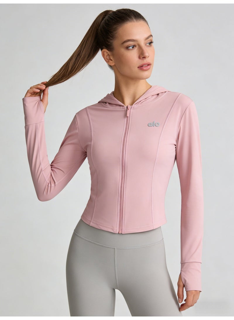 Alo Yoga Women’s Blush Pink Full-Zip Hooded Long-Sleeve Cropped Active Jacket - Image 3