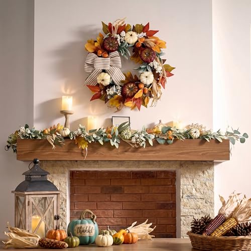Valery Madelyn Fall Wreaths for Front Door Outside 20 Farmhouse Autumn Door Wreath with Lights Brown Pumpkins Bow Outdoor Fall Decorations for Home Porch Thanksgiving Harvest Table Centerpiece - Image 3
