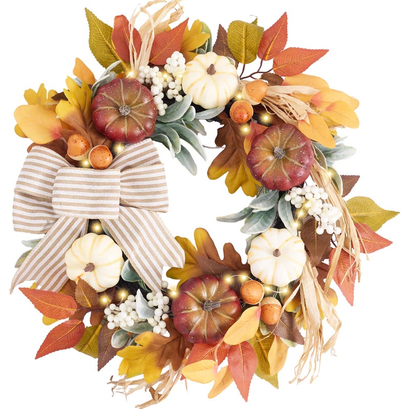 Valery Madelyn Fall Wreaths for Front Door Outside 20 Farmhouse Autumn Door Wreath with Lights Brown Pumpkins Bow Outdoor Fall Decorations for Home Porch Thanksgiving Harvest Table Centerpiece - Image 2