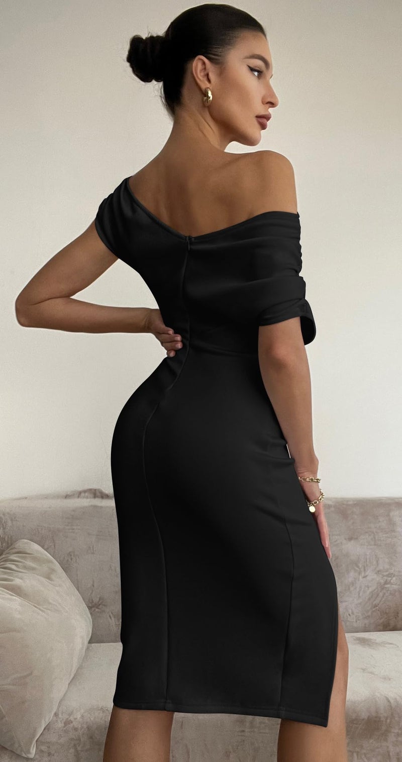 Memoriesea Women's Elegant Off Shoulder Split Hem Bodycon Ruched Midi Club Party Dress Black - Image 5