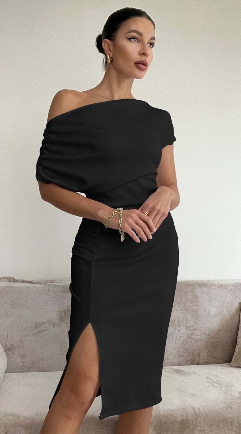 Memoriesea Women's Elegant Off Shoulder Split Hem Bodycon Ruched Midi Club Party Dress Black - Image 4