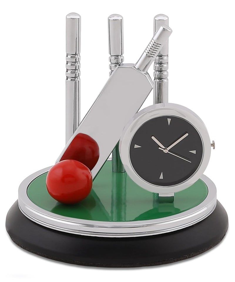 ZAHEPA ZAHEPA Metal Cricket Kit Clock Table Showpiece Silver Finish Paper Weights Elegant Home and Office Decoration Cricket Lovers Gift H 85 X L 9 X W 9 cm Set of 1 Green Silver  - Image 1