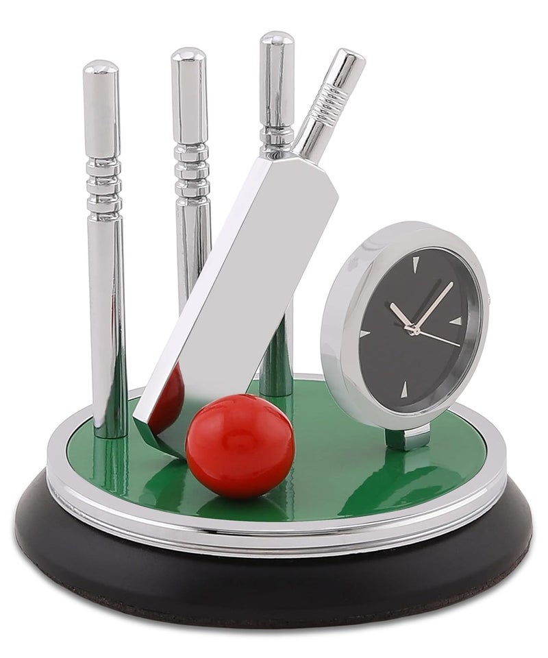 ZAHEPA ZAHEPA Metal Cricket Kit Clock Table Showpiece Silver Finish Paper Weights Elegant Home and Office Decoration Cricket Lovers Gift H 85 X L 9 X W 9 cm Set of 1 Green Silver  - Image 2