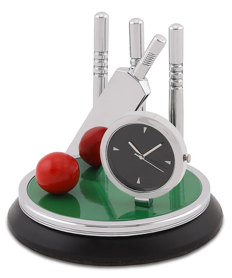 ZAHEPA ZAHEPA Metal Cricket Kit Clock Table Showpiece Silver Finish Paper Weights Elegant Home and Office Decoration Cricket Lovers Gift H 85 X L 9 X W 9 cm Set of 1 Green Silver  - Image 3