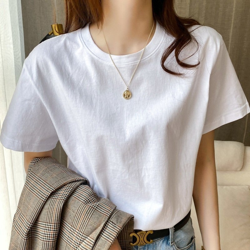Japanese Style Heavy Pure Cotton Solid Color Short-Sleeved T-Shirt Women'S White Combed Cotton Men'S And Women'S T-Shirt Inner T-Shirt Pure White T Top - Image 3