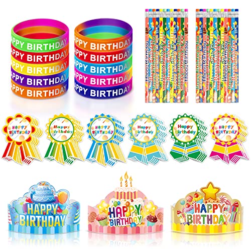 LACCHOUFEE 120 Pieces Happy Birthday Kits for Kids Classroom Include Adjustable Happy Birthday Hats Colored Silicone Stretches Badge Stickers and Pencils School Kindergarten Party Supplies - Image 1