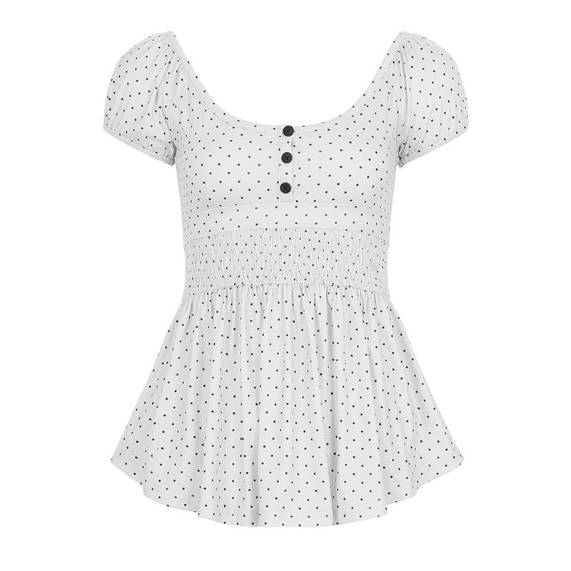 أسلوب كوري أسلوب حلو الخصر-Cinching مطوية Polka Dot طباعة قصيرة الأكمام تي شيرت، الرجعية متعددة الاستخدامات تخفيف الهزن A-Line Babydoll قميص للنساء - Image 1