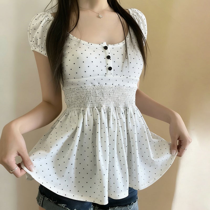 أسلوب كوري أسلوب حلو الخصر-Cinching مطوية Polka Dot طباعة قصيرة الأكمام تي شيرت، الرجعية متعددة الاستخدامات تخفيف الهزن A-Line Babydoll قميص للنساء - Image 3