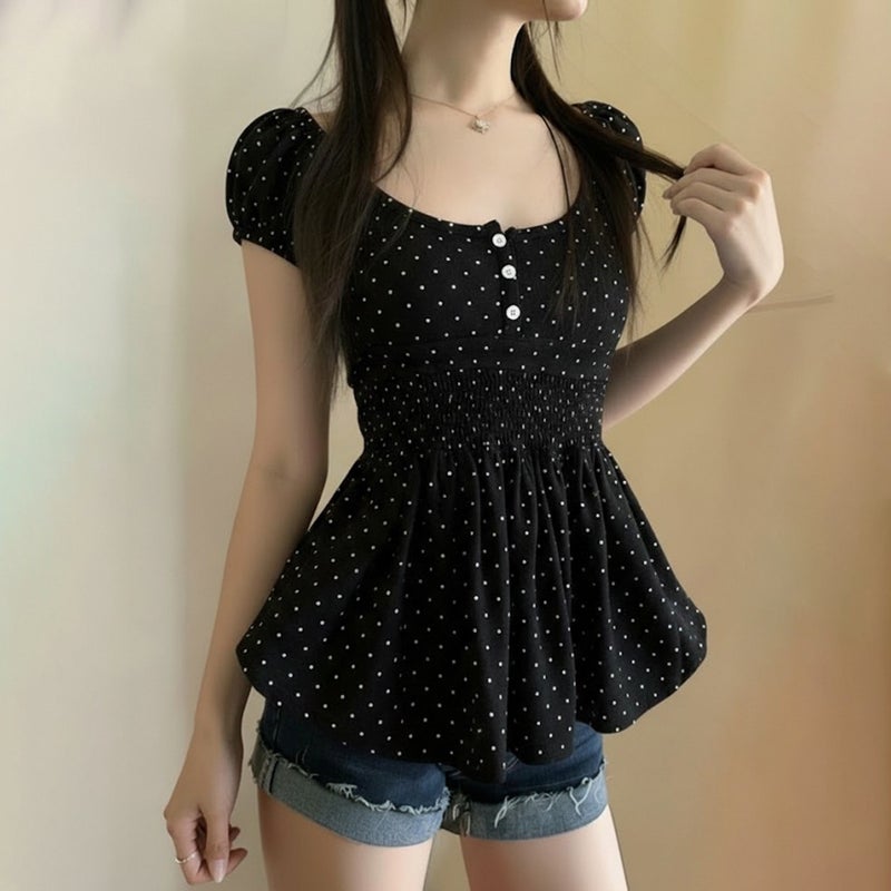أسلوب كوري أسلوب حلو الخصر-Cinching مطوية Polka Dot طباعة قصيرة الأكمام تي شيرت، الرجعية متعددة الاستخدامات تخفيف الهزن A-Line Babydoll قميص للنساء - Image 4