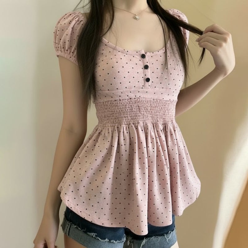 أسلوب كوري أسلوب حلو الخصر-Cinching مطوية Polka Dot طباعة قصيرة الأكمام تي شيرت، الرجعية متعددة الاستخدامات تخفيف الهزن A-Line Babydoll قميص للنساء - Image 5