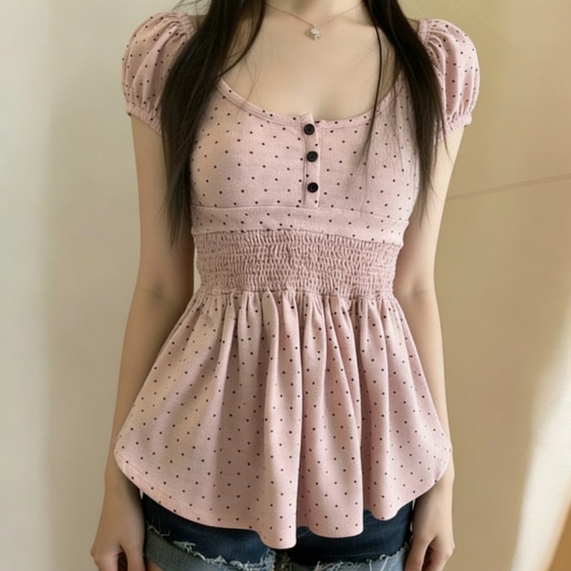 أسلوب كوري أسلوب حلو الخصر-Cinching مطوية Polka Dot طباعة قصيرة الأكمام تي شيرت، الرجعية متعددة الاستخدامات تخفيف الهزن A-Line Babydoll قميص للنساء - Image 2