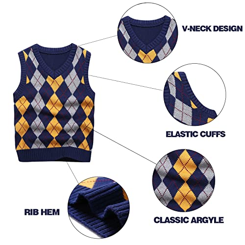 KID1234 Boys Argyle Sweater Vest 100% Cotton V-Neck Kids School Uniform Cable Front Color Block Plaid Sweater (5) Dark Blue - Image 3