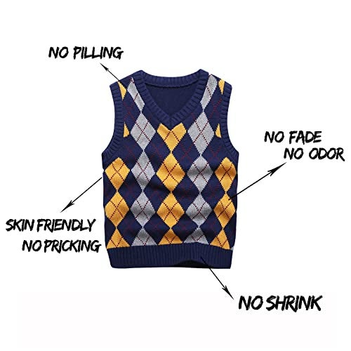 KID1234 Boys Argyle Sweater Vest 100% Cotton V-Neck Kids School Uniform Cable Front Color Block Plaid Sweater (5) Dark Blue - Image 5