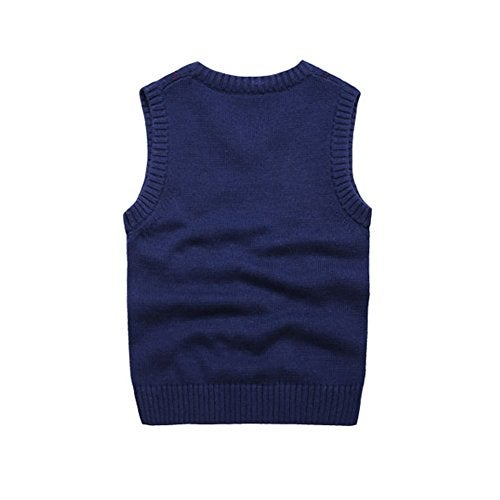 KID1234 Boys Argyle Sweater Vest 100% Cotton V-Neck Kids School Uniform Cable Front Color Block Plaid Sweater (5) Dark Blue - Image 2