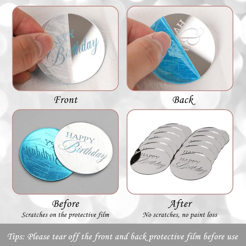 Wolpark 20pcs Sliver Mirror Acrylic Cupcake Toppers Happy Birthday Acrylic Engraved Cake Picks Cupcake Disc Happy Birthday Cake Decoration Circle Round Shape DIY Party Supplies - Image 3
