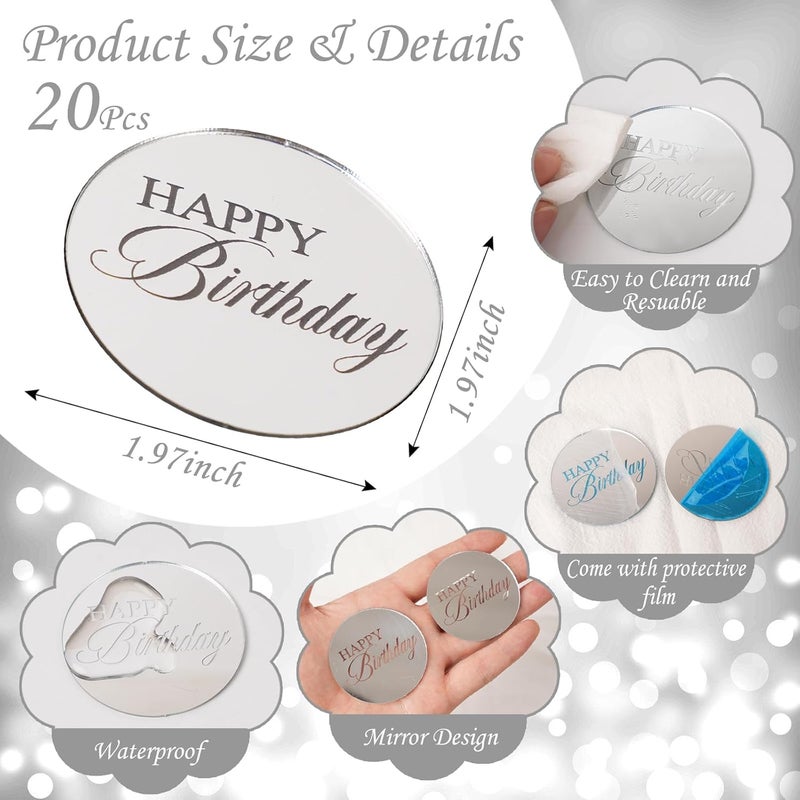Wolpark 20pcs Sliver Mirror Acrylic Cupcake Toppers Happy Birthday Acrylic Engraved Cake Picks Cupcake Disc Happy Birthday Cake Decoration Circle Round Shape DIY Party Supplies - Image 2