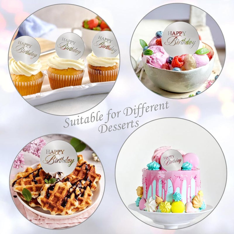 Wolpark 20pcs Sliver Mirror Acrylic Cupcake Toppers Happy Birthday Acrylic Engraved Cake Picks Cupcake Disc Happy Birthday Cake Decoration Circle Round Shape DIY Party Supplies - Image 4