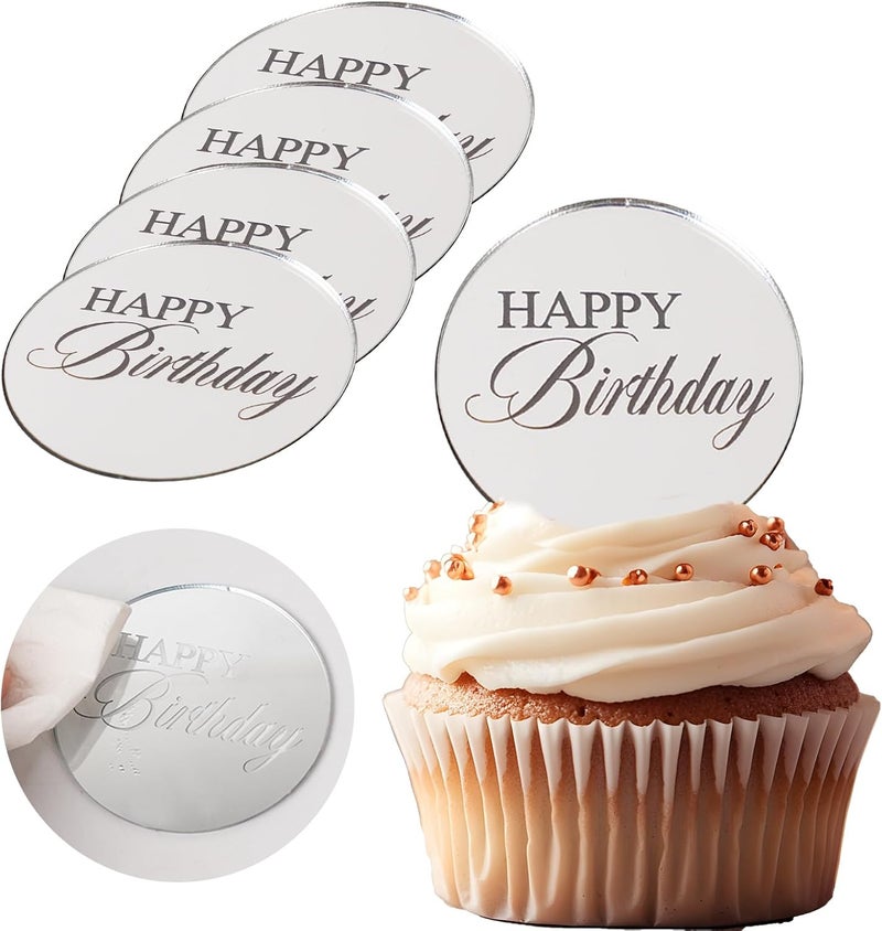 Wolpark 20pcs Sliver Mirror Acrylic Cupcake Toppers Happy Birthday Acrylic Engraved Cake Picks Cupcake Disc Happy Birthday Cake Decoration Circle Round Shape DIY Party Supplies - Image 1