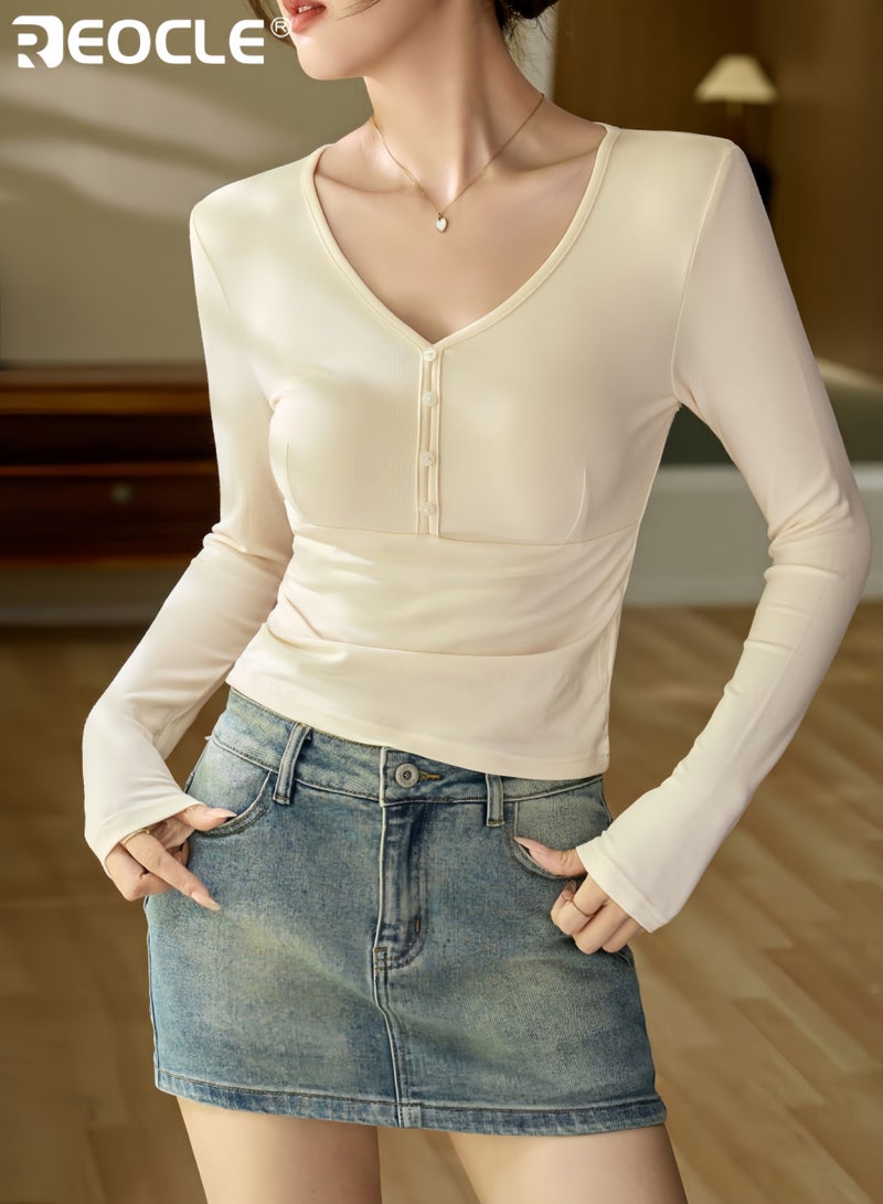 REOCLE Women’s Long Sleeve Henley Top with Button Placket and Slim Fit Design Casual Basic T-Shirt with Soft Fabric for Summer Fall Wear - Image 4