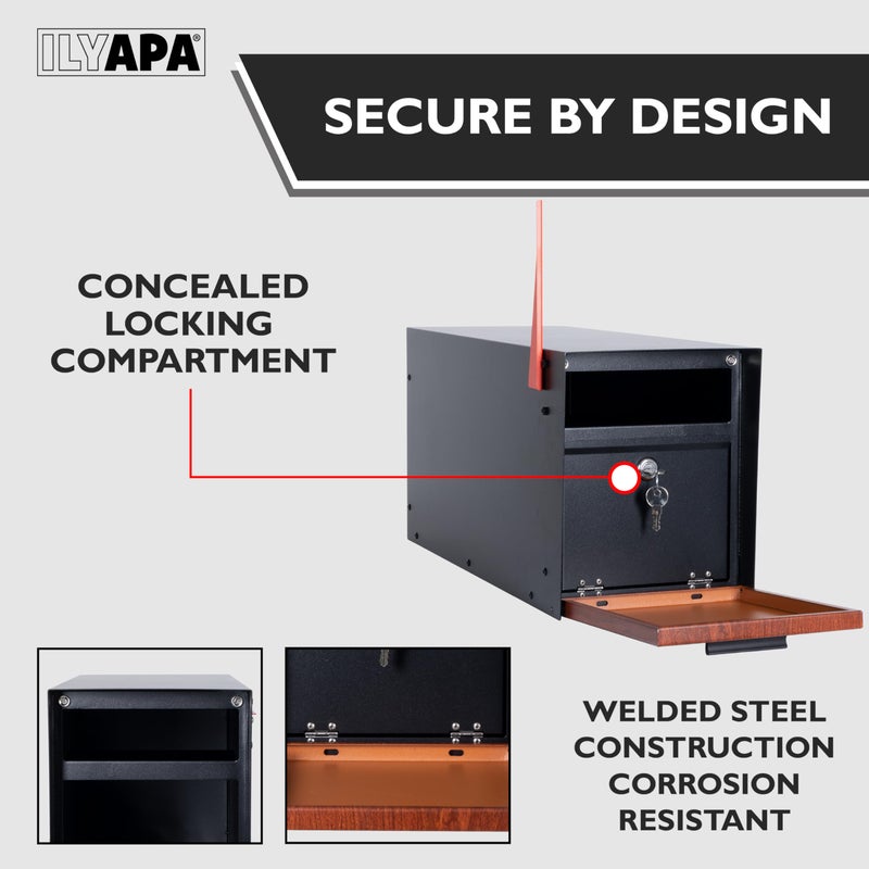 Ilyapa Locking Mailbox with Lock and Key Modern Mailboxes for Outside Post Mount - Black Powder Coated Steel & Printed Redwood Trim, All Weather - Image 5