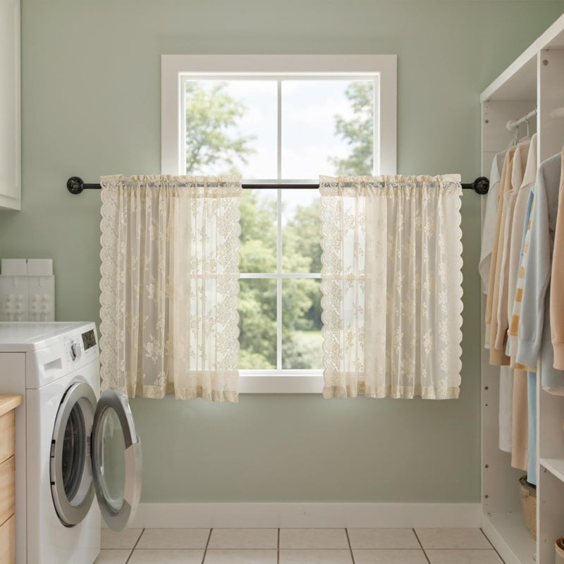 Kotile Beige Lace Kitchen Curtains 36 Inch Length 2 Panels Country Floral Vintage Short Lace Curtains for Windows Over Sink, Rod Pocket Privacy Kitchen Sheer Cafe Curtain, 42 x 36 Inch - Image 5
