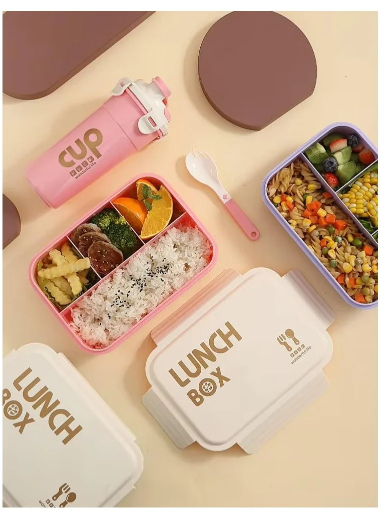 Mobcos Big Capacity 4 Compartment Leakproof Tiffin Food Container Microwave Safe Bpa Free Kids And Adults Water Bottle and Lunch Box Set (Pink)