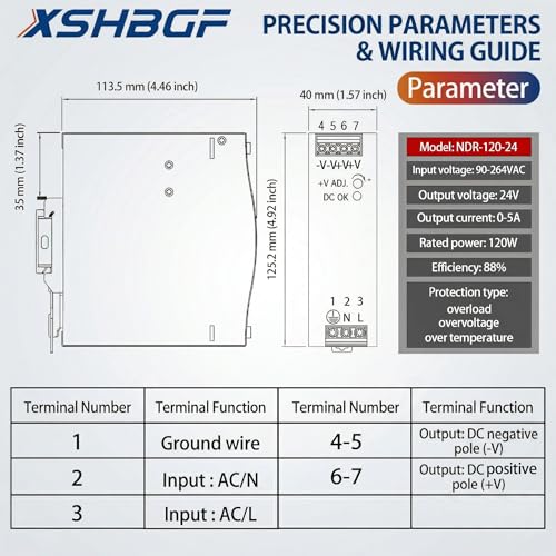 XSHBGF 24VDC Power Supply NDR 120W DIN Rail Power Supply Switch Switching Converter DC (Input 100-240VAC Output 24VDC 50/60HZ 24V 5A) - Image 4
