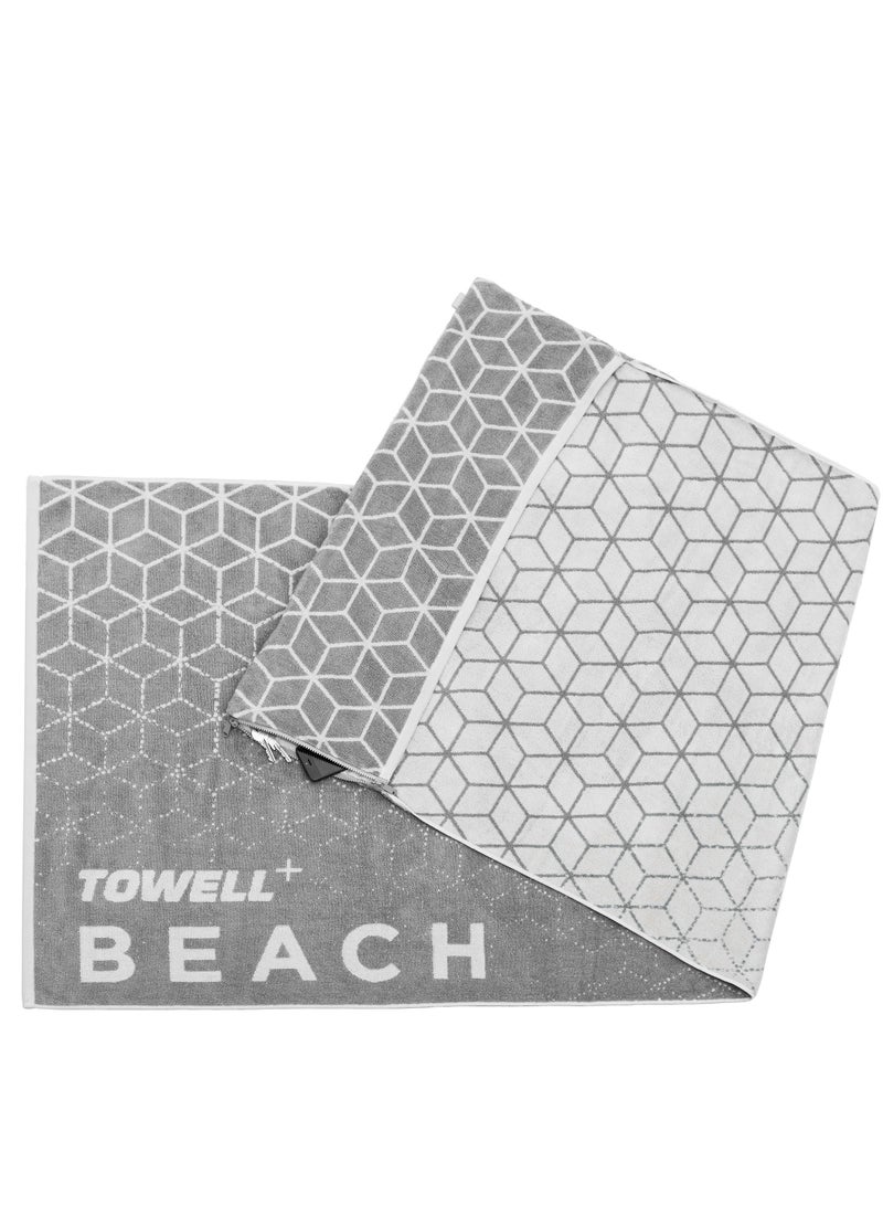 TOWELL+ Beach (Sea) Beach hand towel with a sand-proof/lockable pocket | 190x80 | 100% 550g Zerotwist cotton | 5 features | designed by THINKS - Image 1