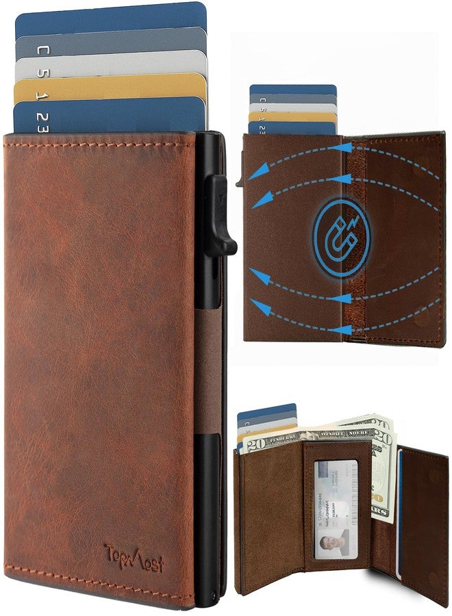 TopMost Genuine Leather Pop Up Wallet for Men, Credit Card Holder, RFID Blocking Ridge Wallets for Men with ID Window, Slim, Minimalist, 5-9 Card Capacity & Cash Bills, Brown Camel - Image 1