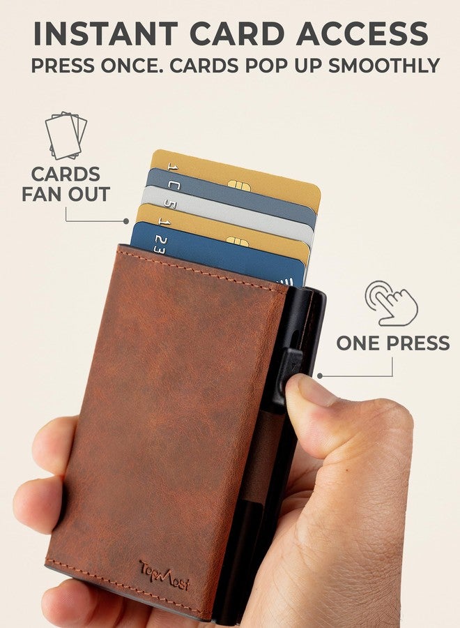 TopMost Genuine Leather Pop Up Wallet for Men, Credit Card Holder, RFID Blocking Ridge Wallets for Men with ID Window, Slim, Minimalist, 5-9 Card Capacity & Cash Bills, Brown Camel - Image 2