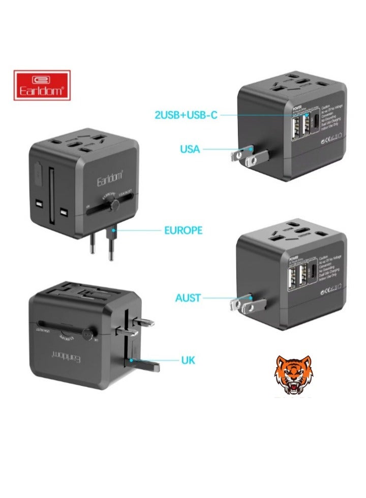 TIGER "Universal Travel Adapter with USB-C, 1500W Power, 5.0V 2.4A Output, Overcharge Protection – Compact All-in-One Charger for Mobile & Universal Devices, Fireproof PC Material" - Image 2