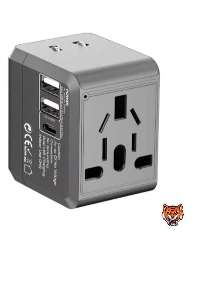 TIGER "Universal Travel Adapter with USB-C, 1500W Power, 5.0V 2.4A Output, Overcharge Protection – Compact All-in-One Charger for Mobile & Universal Devices, Fireproof PC Material" - Image 3