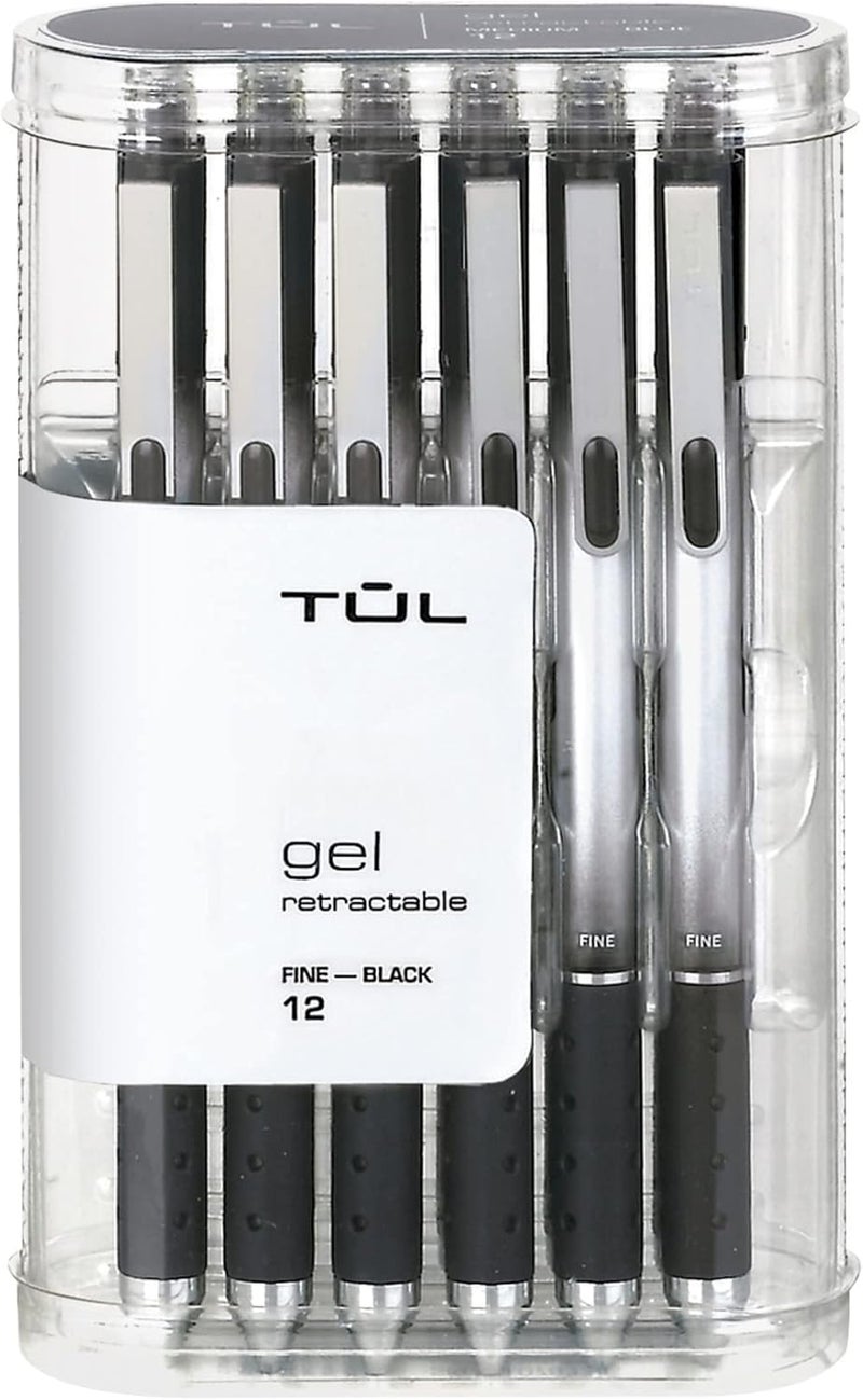 TUL Retractable Gel Pens, Fine Point 0.5 mm, Gray Barrel, Black Ink, Pack of 12 - Image 1