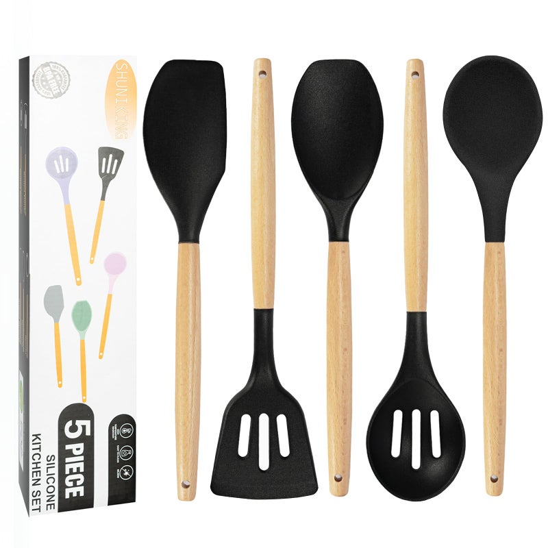 NonStick Silicone Cooking Utensils Set 5 Pcs with Wooden Handle Heat Resistant Silicone Kitchen Gadgets Black
