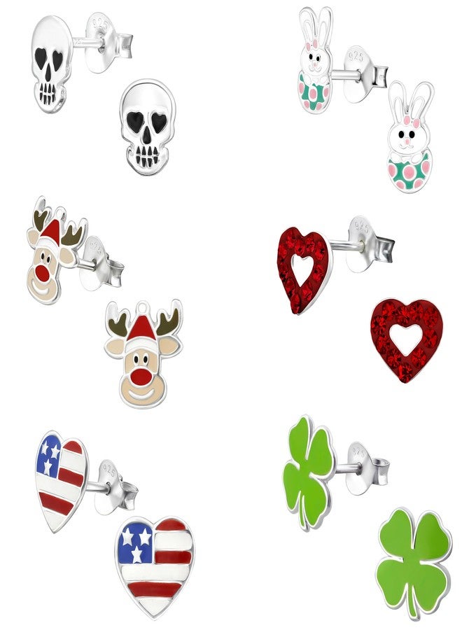آيسروز مجموعة جديدة من 6 أزواج من أقراط ICYROSE المصنوعة من الفضة الإسترليني عيار 925، تتضمن غزلان عيد الميلاد، وأرنب عيد الفصح، ونفل أخضر، وعلم أمريكي، وقلب أحمر، وجمجمة هالوين (خالية من النيكل). - Image 1