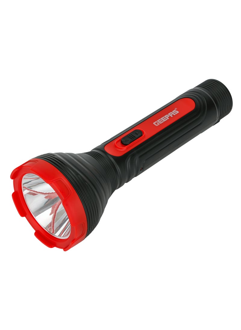 GEEPAS - Geepas Rechargeable LED Flash Light- Sturdy Housing with Big LED Chip with Aluminum Reflective Cup, Shell Ripple Pattern| 5 Hours Working Time| Lead-Acid Battery| 2 Years Warranty | GFL51090 - Image 1