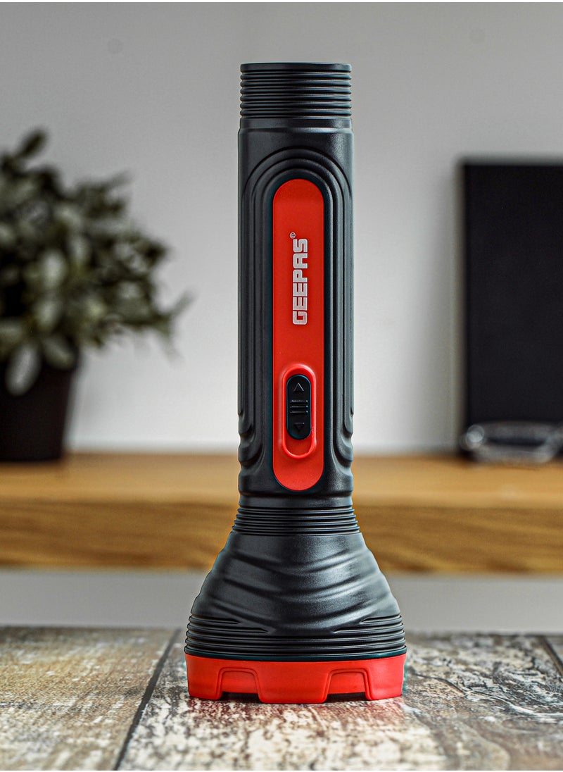 GEEPAS - Geepas Rechargeable LED Flash Light- Sturdy Housing with Big LED Chip with Aluminum Reflective Cup, Shell Ripple Pattern| 5 Hours Working Time| Lead-Acid Battery| 2 Years Warranty | GFL51090 - Image 1