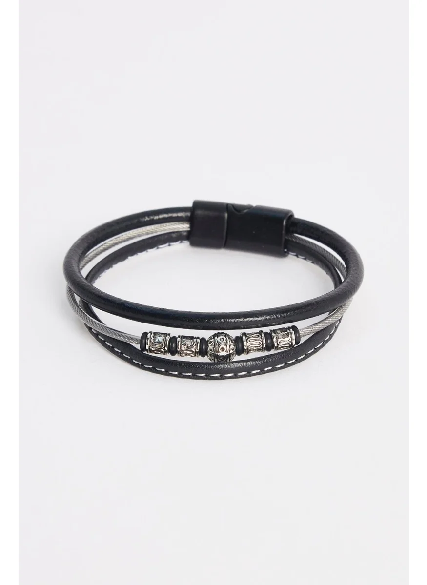 Tudors Men's Genuine Leather Black Bracelet