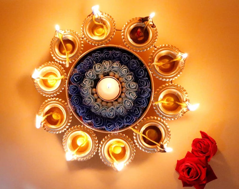 Piepot Dcor Metal Floral Urli with Floating Tea Light Holder Diwali Specail Golden Urli Decorative Lighting Ideal for Gifting and Diwali Pooja ad Decoration Colourful Diyas - Image 1