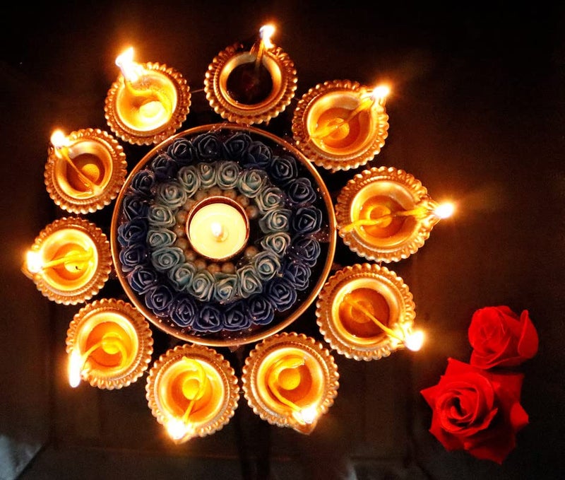 Piepot Dcor Metal Floral Urli with Floating Tea Light Holder Diwali Specail Golden Urli Decorative Lighting Ideal for Gifting and Diwali Pooja ad Decoration Colourful Diyas - Image 2