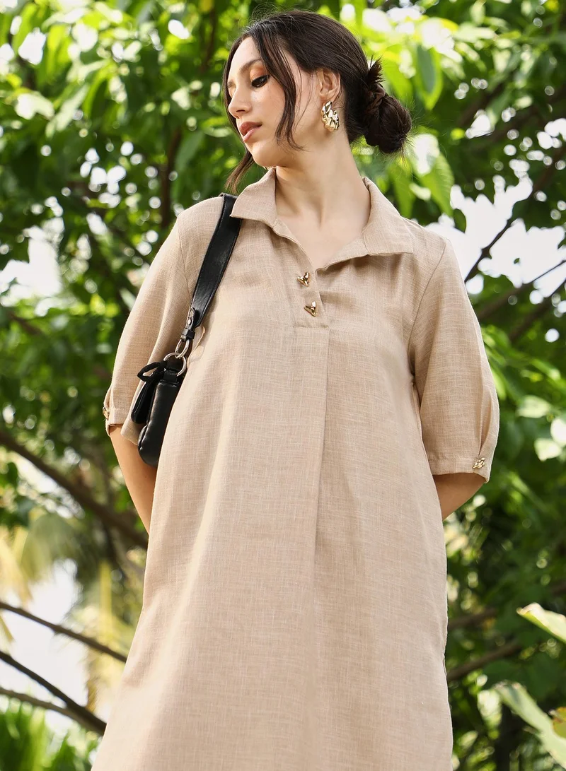 QISSA  Women's Sand Beige Solid Linen-Blend Kurta Set for Women | Best Price UAE