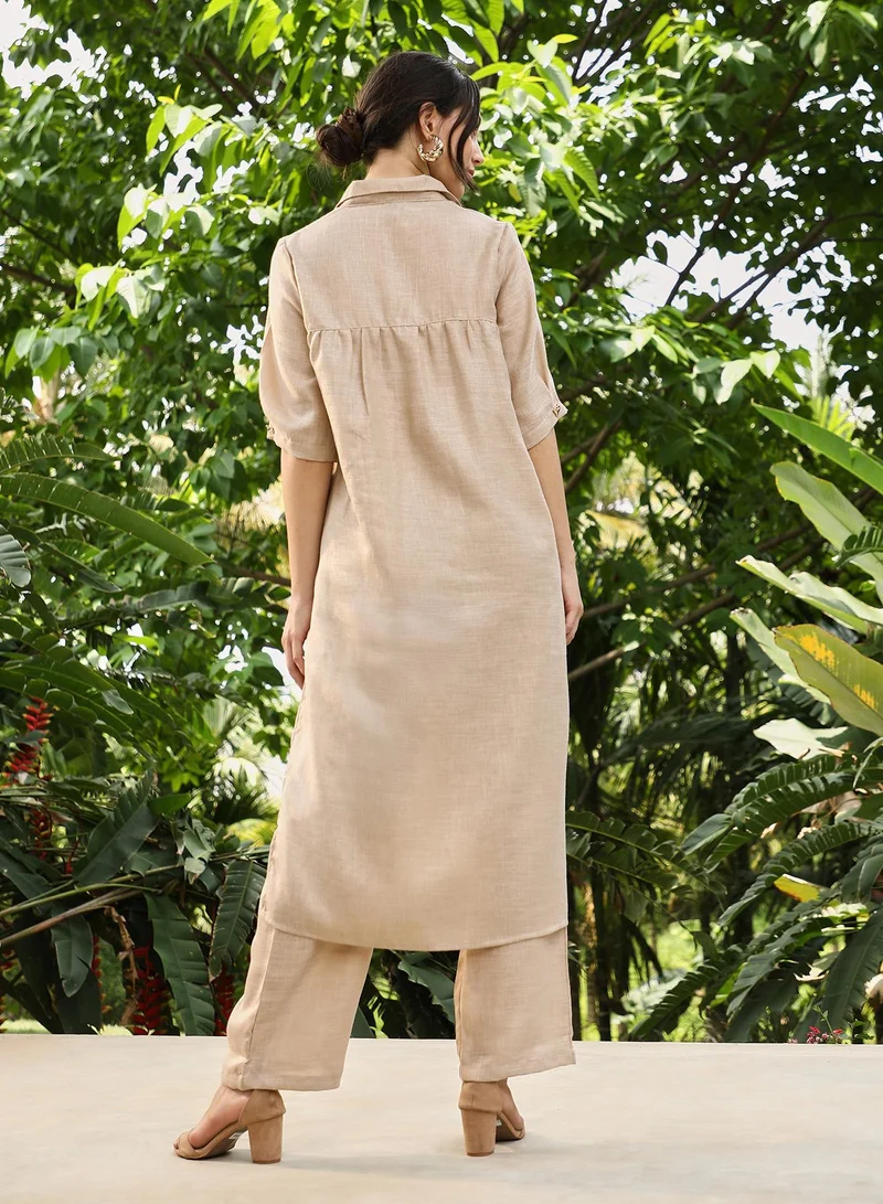 QISSA  Women's Sand Beige Solid Linen-Blend Kurta Set for Women | Best Price UAE