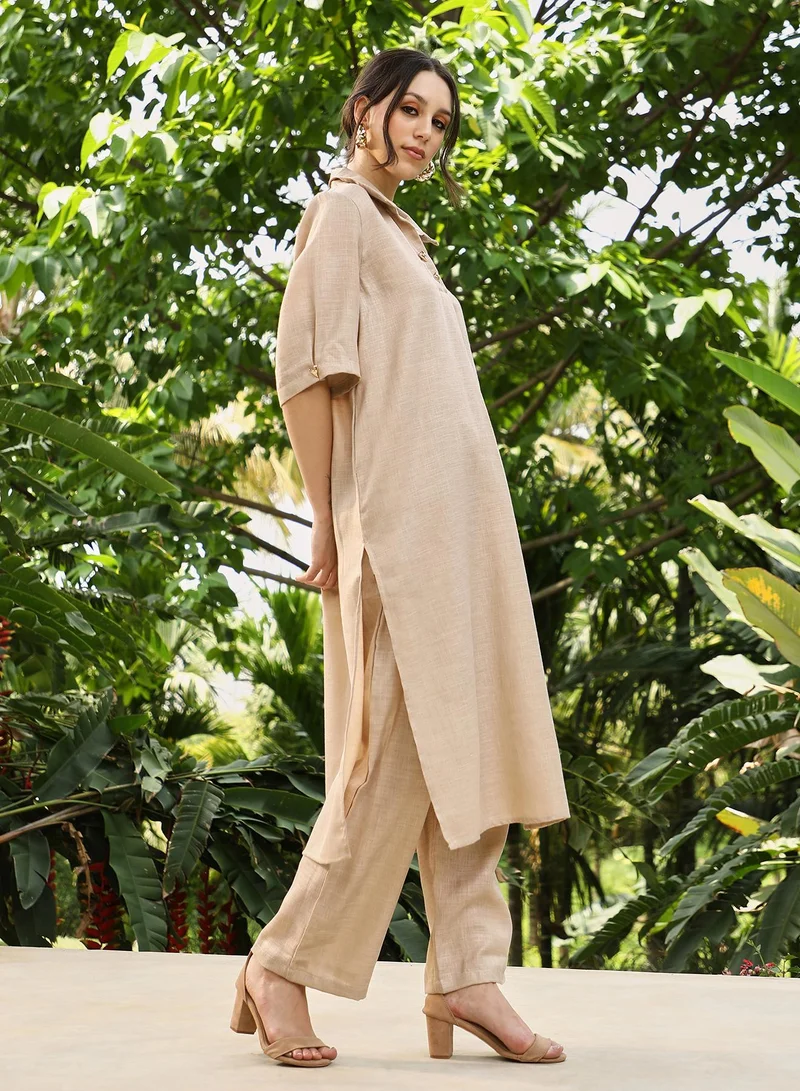 QISSA  Women's Sand Beige Solid Linen-Blend Kurta Set for Women | Best Price UAE