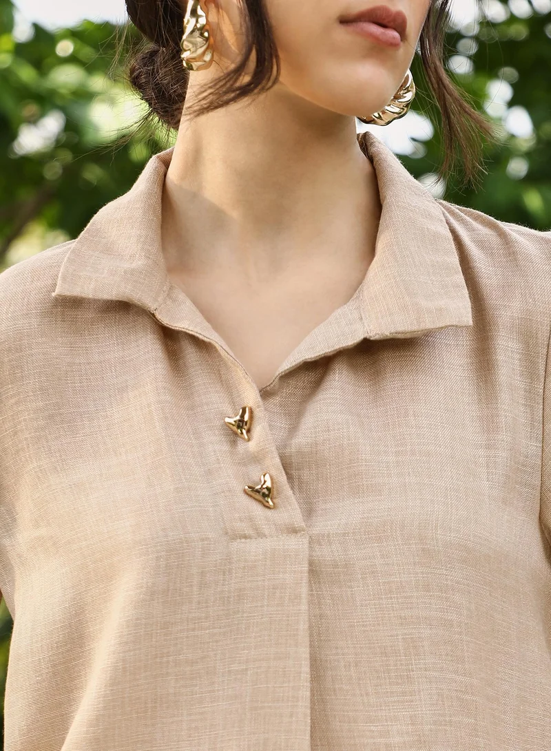 QISSA  Women's Sand Beige Solid Linen-Blend Kurta Set for Women | Best Price UAE