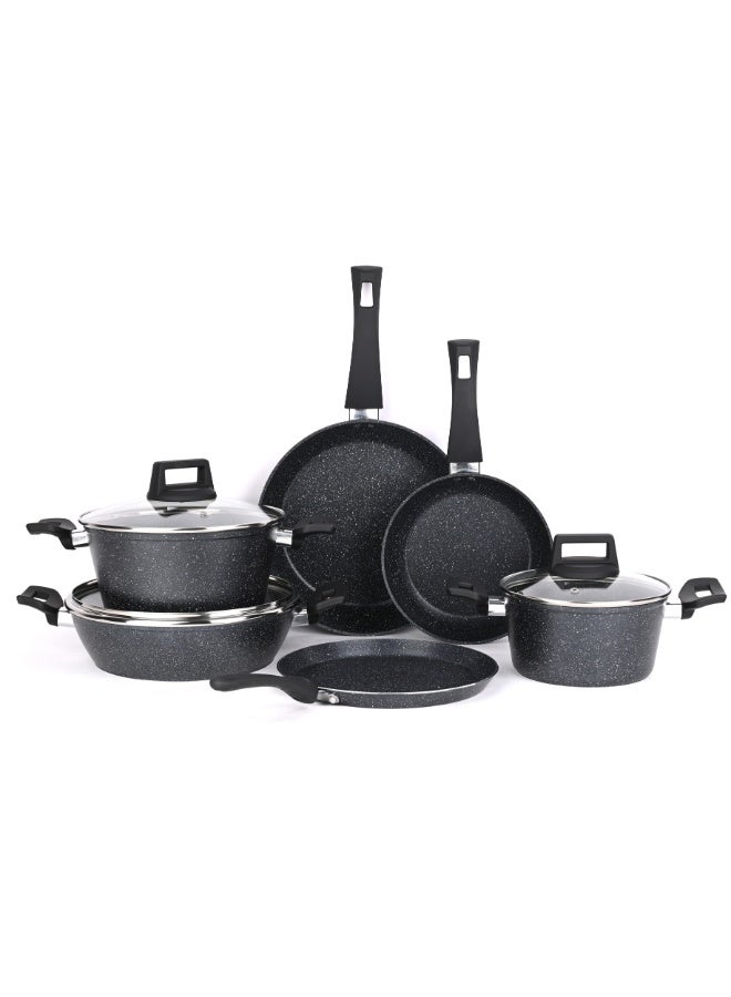 Noon East 9 Piece Cookware Set - Aluminum Pots And Pans - Non-Stick Surface - Tempered Glass Lids - PFOA Free - Marble Grey - Image 1