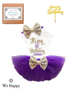 We Happy 4 Pieces Its My 1st Birthday Costume Princess Theme Dressing up Toy Baby Girl Party Fancy Wear with Tutu Skirt, Cake Topper and Floral Headband  - Image 1