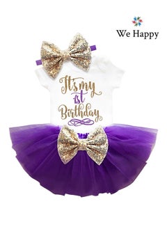 We Happy 4 Pieces Its My 1st Birthday Costume Princess Theme Dressing up Toy Baby Girl Party Fancy Wear with Tutu Skirt, Cake Topper and Floral Headband  - Image 2